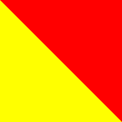 Per bend gules and or