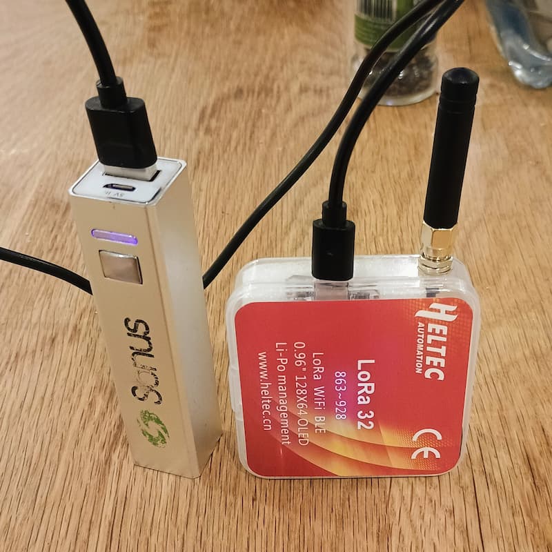 My Heltec V3 in its makeshift case with a donated powerbank